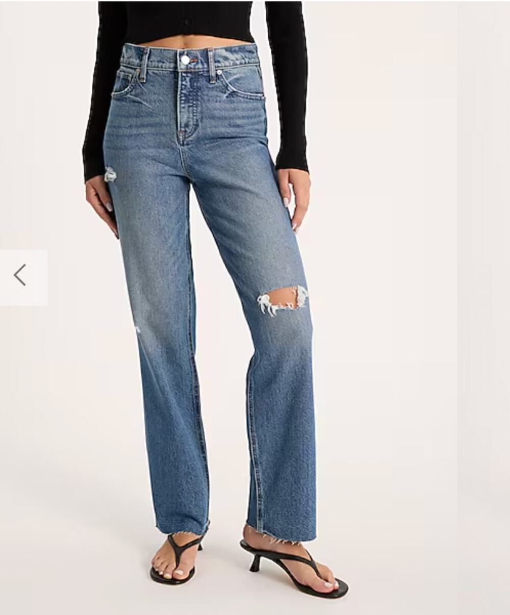 Express High Rise Modern Straight Medium Wash Ripped Raw Hem Jeans sz 12